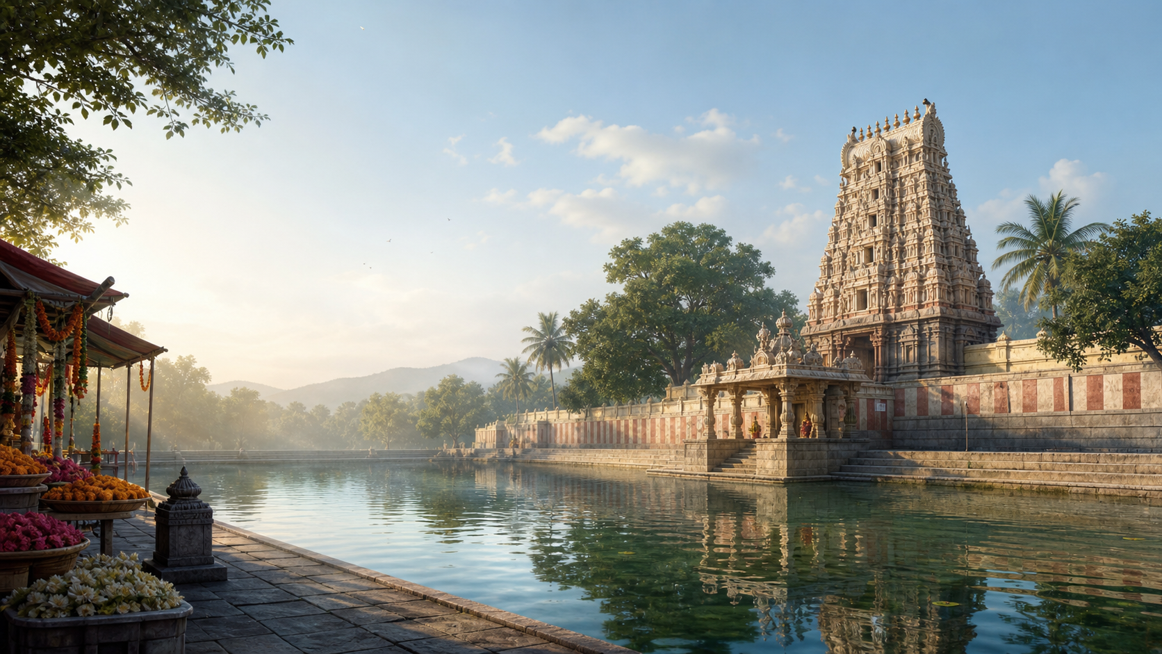 Temple tank and gopuram in a calm visiting season