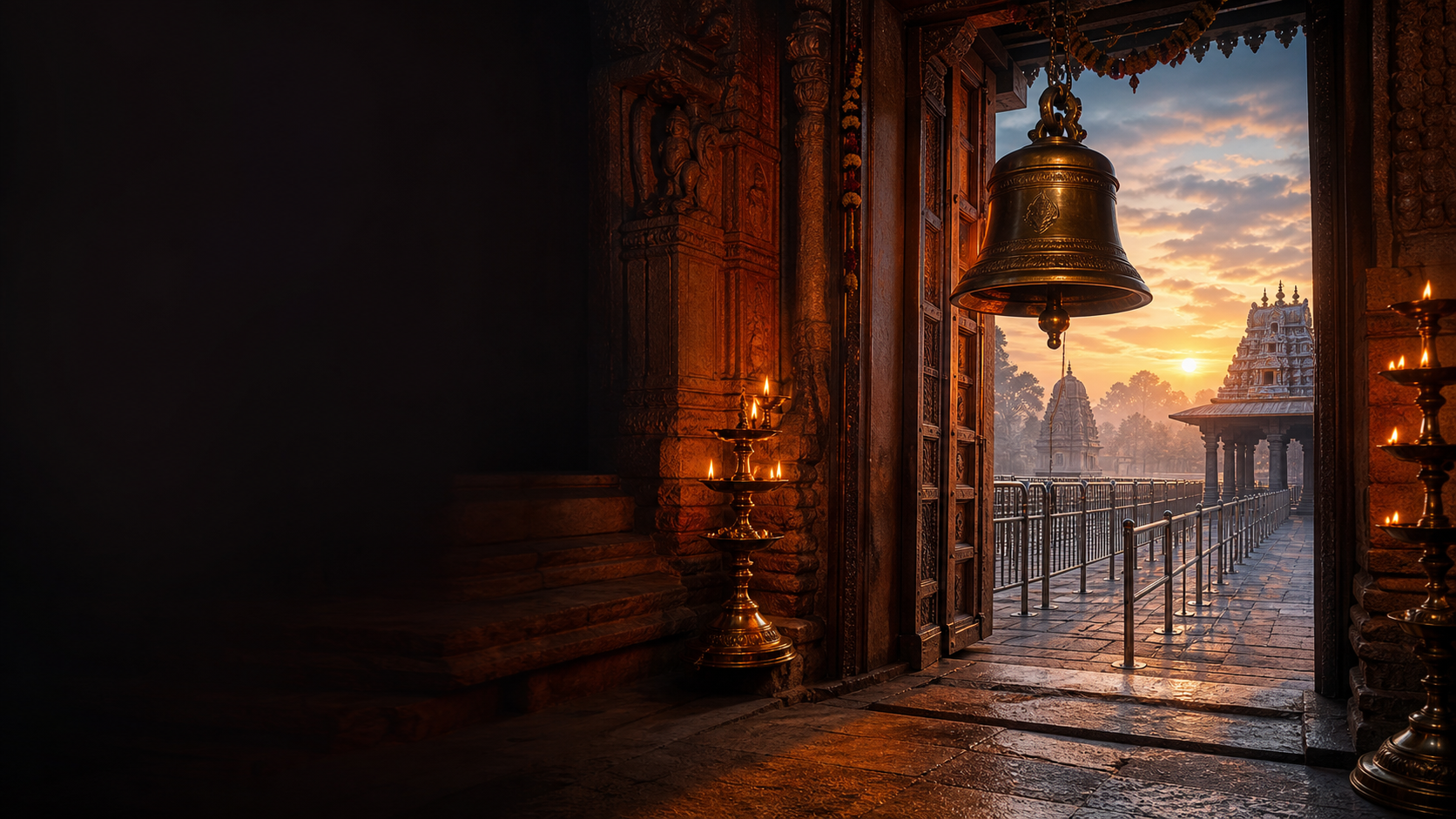 Temple bell and lamps at dawn
