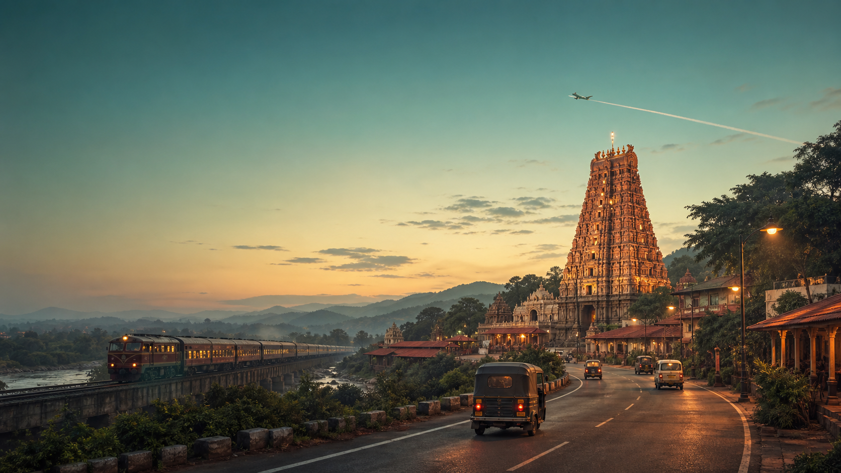 Route approaching a temple town by road and rail