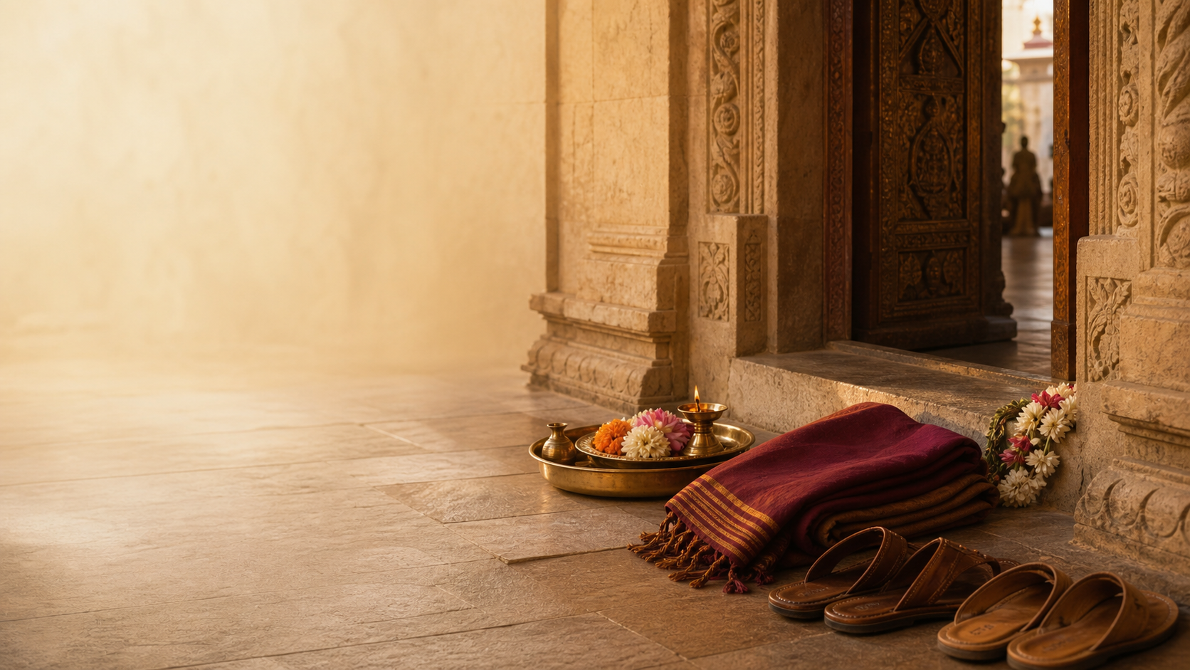 Temple threshold with offerings, shawl, and footwear area