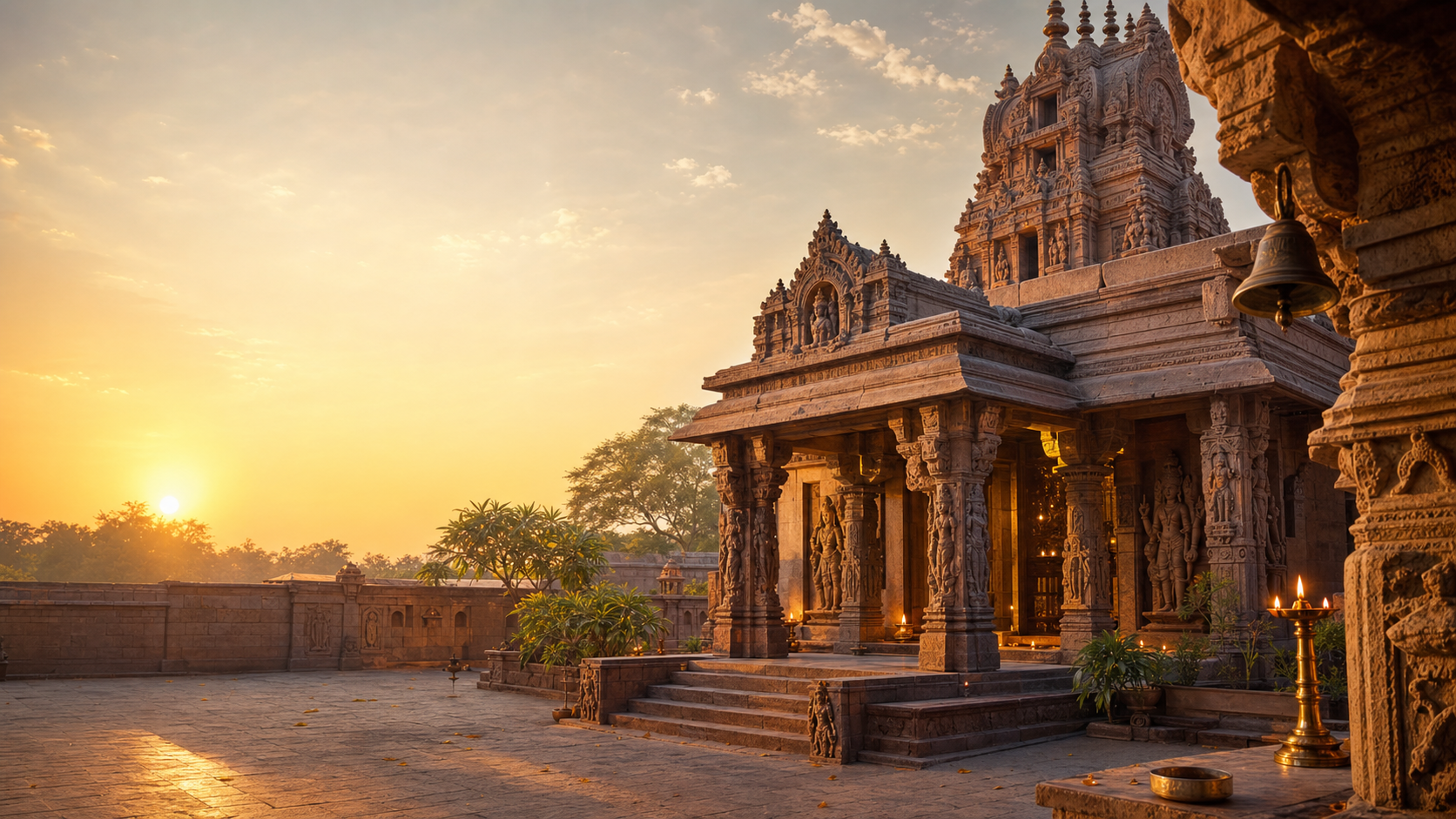 Temple courtyard at golden hour